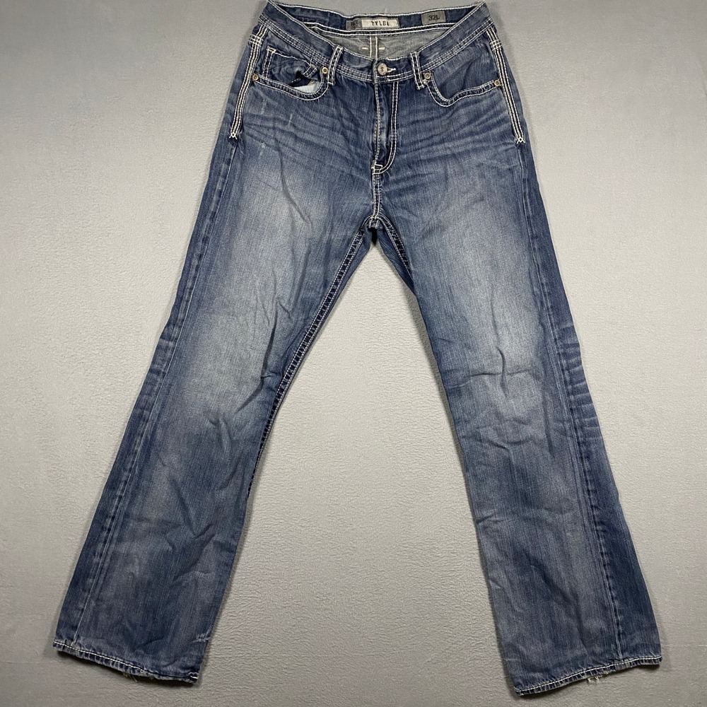 BKE Tyler Jeans Mens 32L Blue Medium Wash Straight Leg Heavy Stitch ABM4307